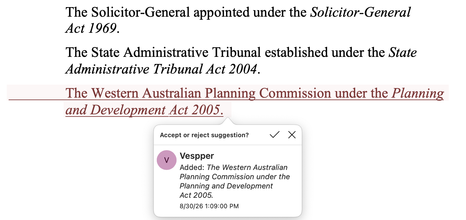 Tracked insertion of the Western Australian Planning Commission into a Schedule 1 list, with a Vespper suggestion card
